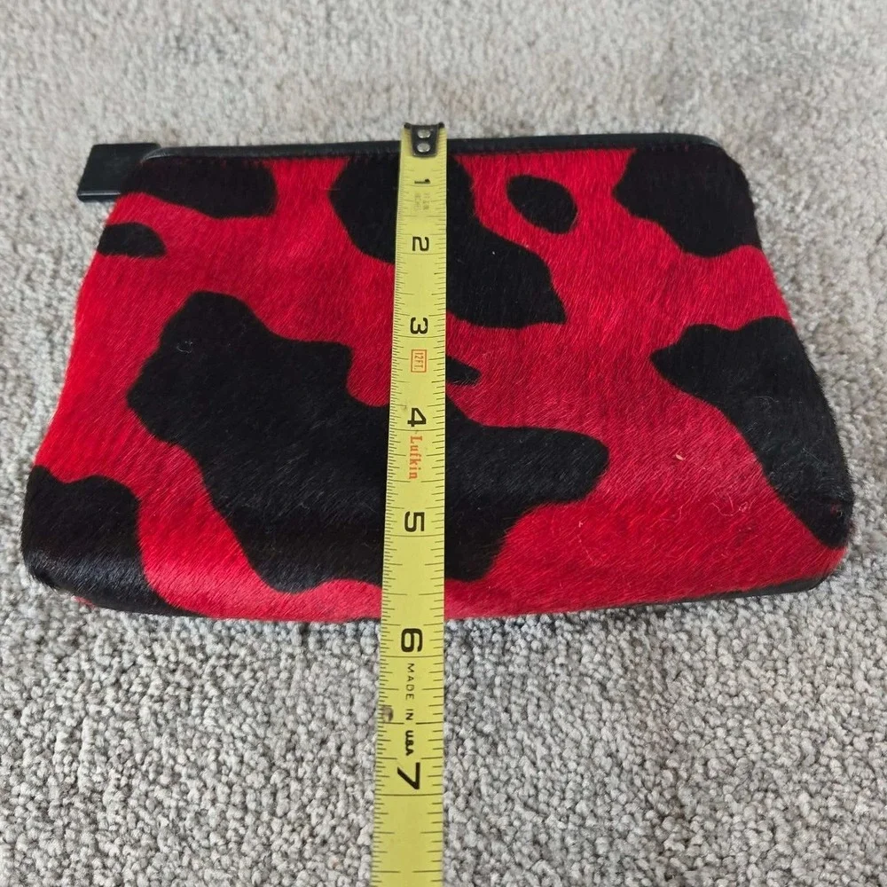 SB Pouch Red Black Cow Print Calf Hair Leather Cosmetic Bag Womens Small Size